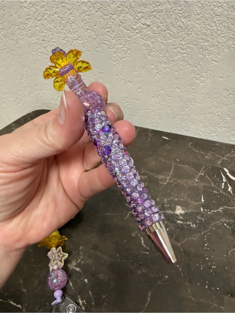 Purple Front Desk Staff Rhinestone Beaded Pen and Matching Badge Reel Handmade
